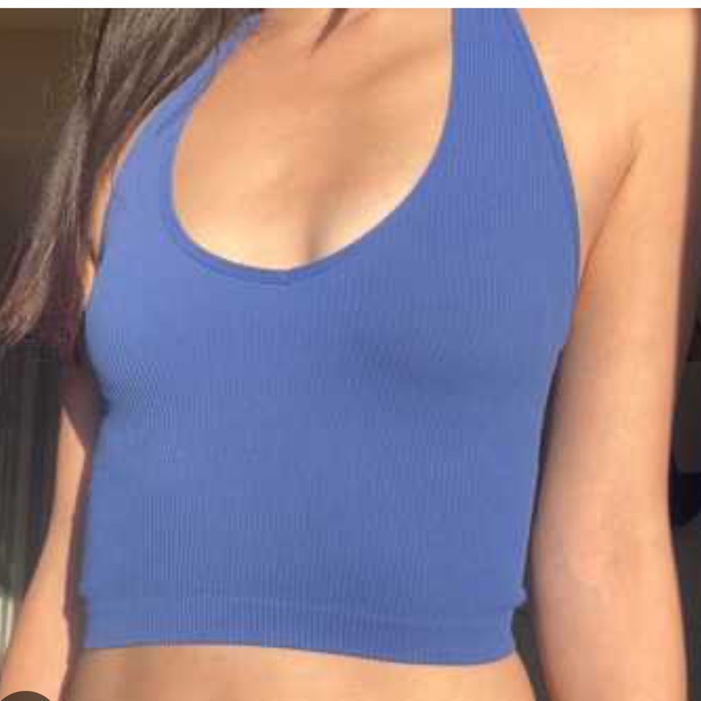 Aritzia Sunday Best Ribbed Blue Halter Crop Top sz S